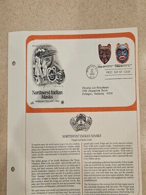 RARE COLLECTIBLE USPS 1ST DAY ISSUE COVER NORTHWEST INDIAN MASKS FOLK ART STAMP